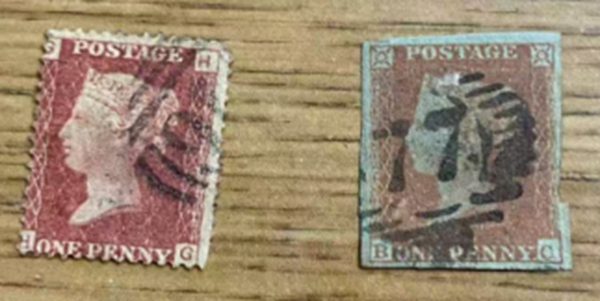 Penny Red & Two Pence Blue Stamps Victorian Penny Red and Two Pence Blue stamps